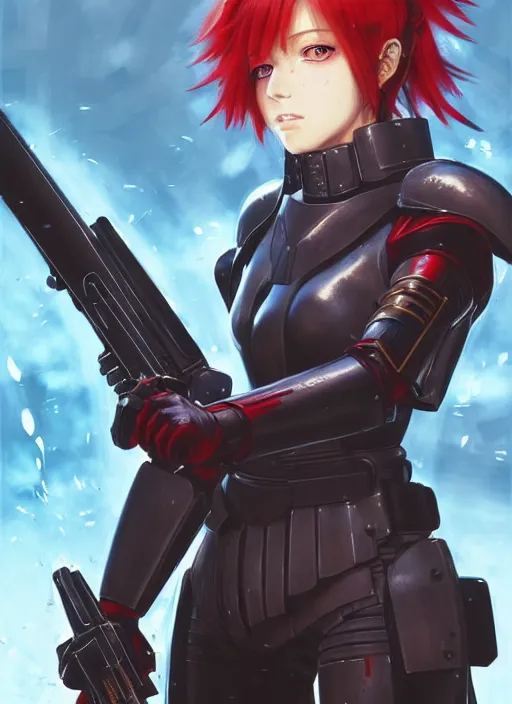 Image similar to portrait of Anime sister of battle, Warhammer 40000, cute-fine-face, red-short-hair pretty face, realistic shaded Perfect face, fine details. Anime. realistic shaded lighting by Ilya Kuvshinov katsuhiro otomo ghost-in-the-shell, magali villeneuve, artgerm, rutkowski, WLOP Jeremy Lipkin and Giuseppe Dangelico Pino and Michael Garmash and Rob Rey