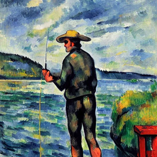 Image similar to ryan reynolds fishing from a pier in vancouver, painted by cezanne