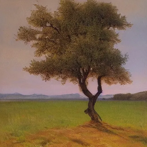 Image similar to This painting has such a feeling of peace and serenity. The tree is so still and calm, despite the wind blowing around it. The moonlight casts a soft glow over everything and the starts seem to be winking at you... by Jacek Malczewski