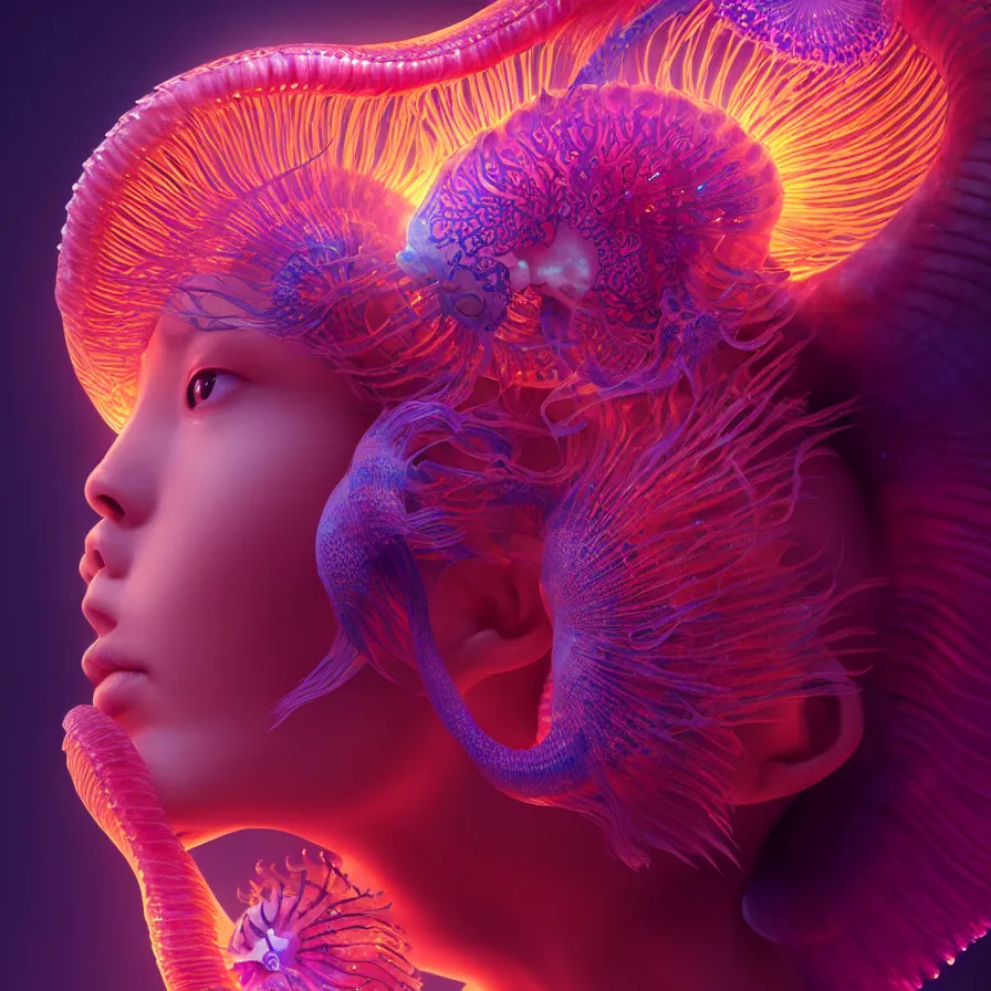 Image similar to goddess close-up portrait. orchid jellyfish phoenix head, nautilus, skull, betta fish, bioluminiscent creatures, intricate artwork by Tooth Wu and wlop and beeple. octane render, trending on artstation, greg rutkowski very coherent symmetrical artwork. cinematic, hyper realism, high detail, octane render, 8k