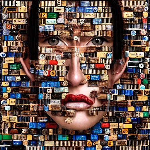 Prompt: a photo portrait of female android created from empty beer bottles and cardboard boxes. symmetry, awesome exposition, scifi, very detailed, highly accurate, professional lighting diffracted lightrays, 8 k, sense of awe