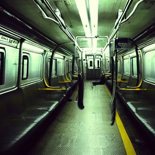 Image similar to a photo of a giant octopus invading a interior of a subway train in new york, cinematic lighting