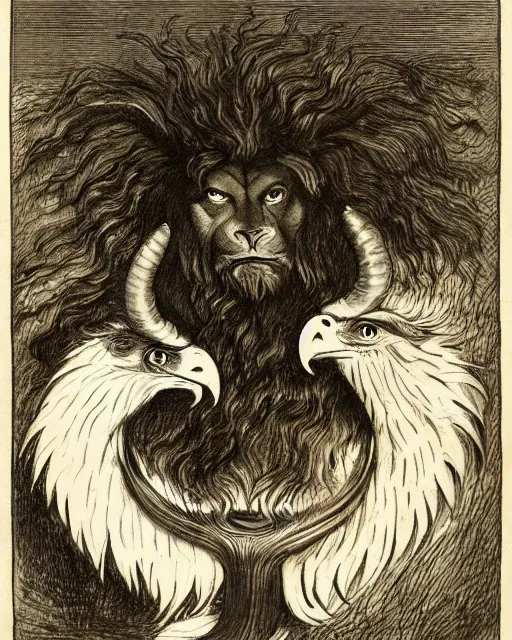 Image similar to a creature with the body and eyes of a man, with the beak of an eagle, the mane of a lion, and the horns of an ox. drawn by francis bacon