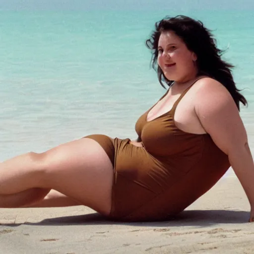 Image similar to a chubby woman with light brown hair and green eyes lounging at the beach wearing a one - piece swimsuit