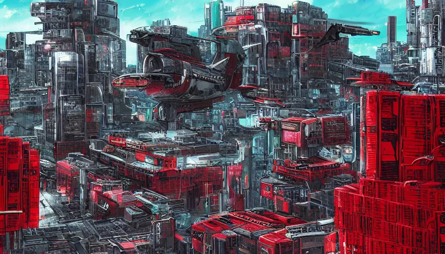 Prompt: Concept Art Painting of neo-Tokyo Maximum Security Mint, in the Style of Akira, Anime, Dystopian, Highly Detailed, Red Building, Helipad, Special Forces Security, Giant Crypto Vault, Docks, Shipping Containers, Helicopter Drones, 19XX