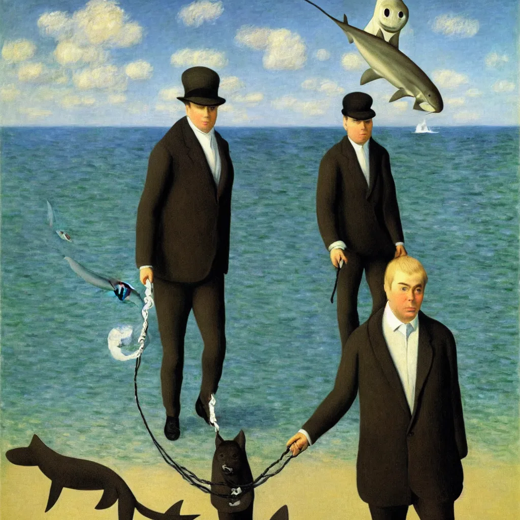 Image similar to portrait of a business man walking his pet shark, by rene magritte, monet, and turner