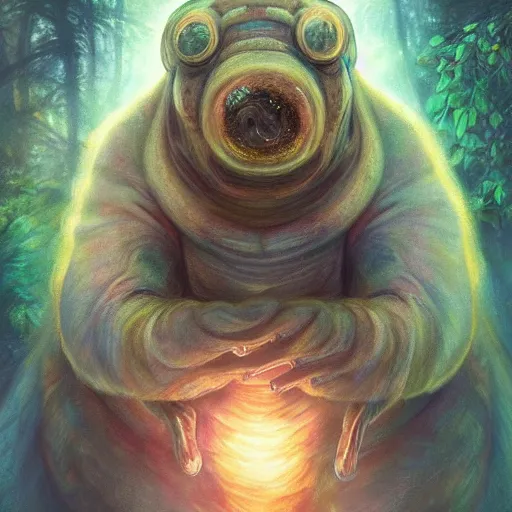 Image similar to ultra realistic illustration of magical tardigrade, forest, fantasy, colorful lights, intricate, elegant, highly detailed, digital painting, artstation, concept art, smooth, sharp focus, illustration, art by artgerm and greg rutkowski and alphonse mucha