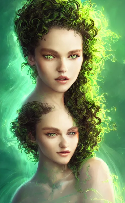 Image similar to a young woman with wild, curly hair and bright green eyes. she's wearing a flowing dress made of light, airy fabric and she has a mischievous look on her face, dynamic lighting, photorealistic fantasy concept art, trending on art station, stunning visuals, creative, cinematic, ultra detailed