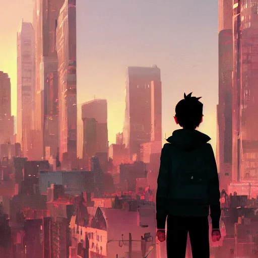 Prompt: teen boy, pink haired, city landscape, Gotham, artstation, highly detailed, digital painting, by makoto shinkai and thomas kindle and James gilleard