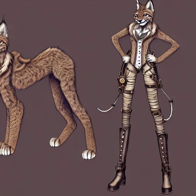 Image similar to the full body of anthropomorphic lynx fursona wearing a steampunk suit as unimaginably beautiful, gorgeous, elegant, young lynx, an ultrafine hyperdetailed illustration by furaffinity, intricate linework, white fur, unreal engine 5 highly rendered, global illumination, radiant light, detailed and intricate environment