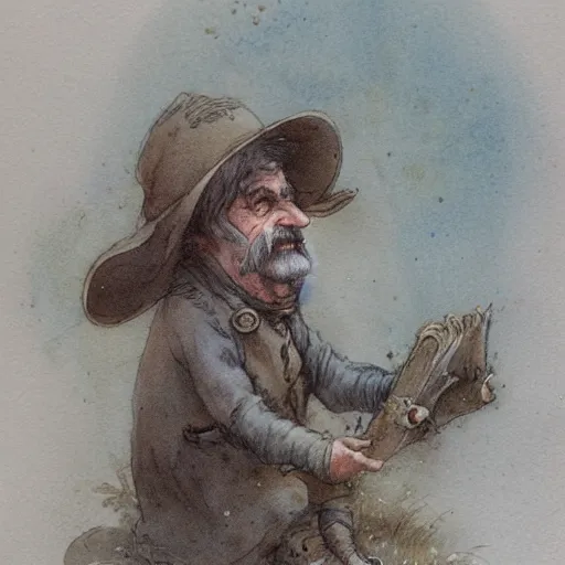 Image similar to a muted color watercolor sketch of a little person story book character by Jean-Baptiste Monge of an old man in the style of by Jean-Baptiste Monge that looks like its by Jean-Baptiste Monge and refencing Jean-Baptiste Monge