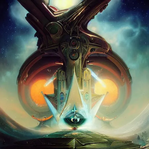 Prompt: satanic spaceship in front of synthwave stargate by peter mohrbacher and emmanuel shiu and martin johnson heade and bastien lecouffe - deharme