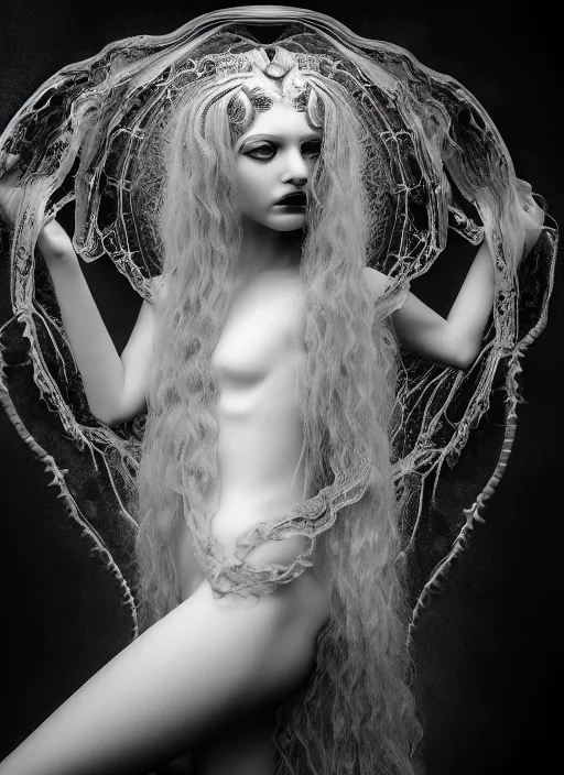 Image similar to surreal mythical dreamy dark artistic black and white fine art photo of a beautiful young female angel - medusa - mermaid - cyborg covered with translucent algae, highly detailed, lace web, rim light, cinematic, studio dramatic light, poetic, octane render, 8 k, photo - realistic, by horst p. horst