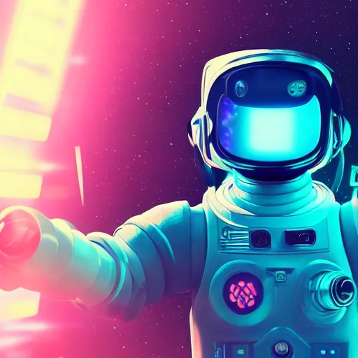 Image similar to cyberpunk astronaut bot, cinema 4 d, galaxy space sci - fi, wearing vr goggles, illustration, portrait, pastel neon textured background night, detailed,