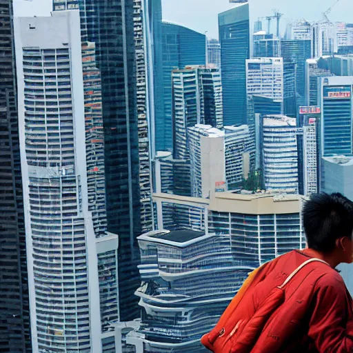 Prompt: a singaporean student stands on the top of a building, looking out at the world, by moebius