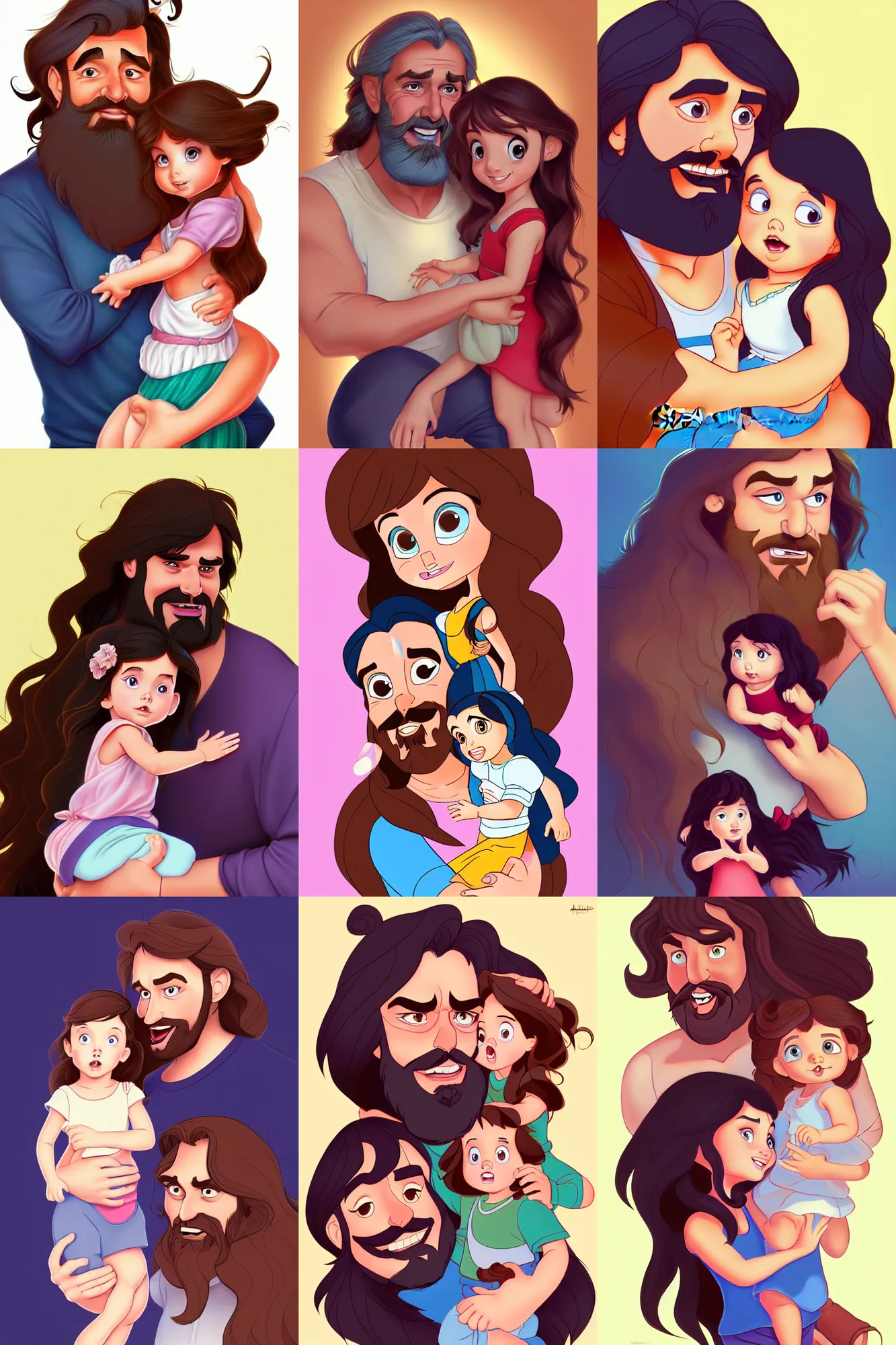 Image similar to a long - haired bearded father and his brunette child toddler girl full color digital illustration in the style of don bluth, artgerm, artstation trending, 4 k