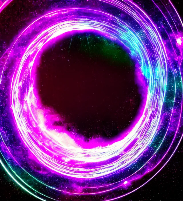 Prompt: an iridescent wormhole wireframe absorbing a galaxy, dark synthwave, aesthetic mood, vintage, sci - fi, 4 k