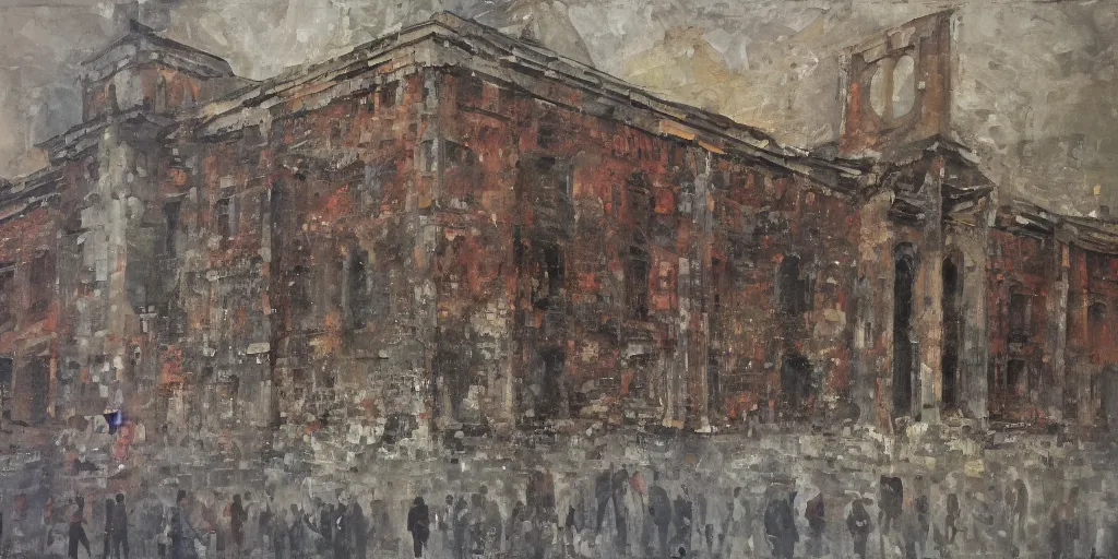 Prompt: berghain, oil on canvas, old style