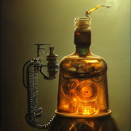 Prompt: a steampunk painting of a vintage poisonous potion bottle, lit by a single ray of sunlight in a dark dusty vintage science lab, by h. r. giger, hyperrealistic fantasy art, concept matte, ethereal, dreamy, digital art, trending on artstation, volumetric cinematic lighting