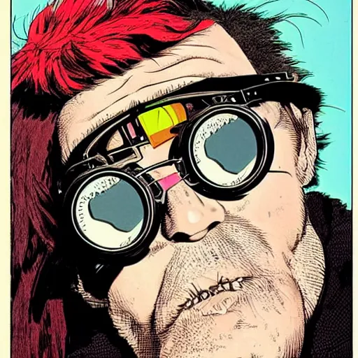 Image similar to a eccentric goth guy wearing goggles and eclectic jewelry, aesthetic!!!, by geof darrow, by jamie hewlett,