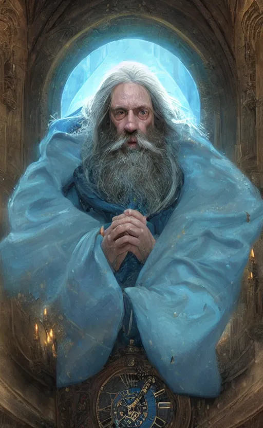 Image similar to portrait of a middle aged elf with a long beard, dressed in a blue cloak with clock iconography, brown hair, raised hand, detailed face, fantasy, highly detailed, cinematic lighting, digital art painting by greg rutkowski