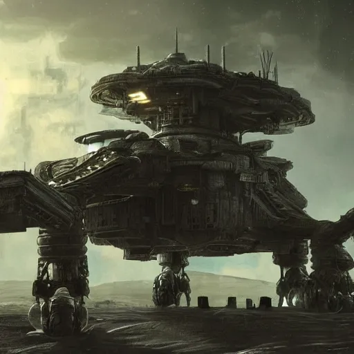 Image similar to a photorealistic picture of the Nostromo spaceship landed on a dark planet, lot of details, greeble and nurnies, dark mood, cinematic, realistic