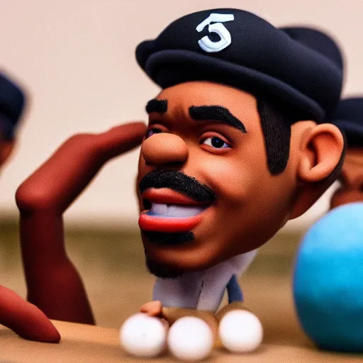 Image similar to a cinematic film still of a claymation stop motion film starring chance the rapper as a college student, shallow depth of field, 8 0 mm, f 1. 8