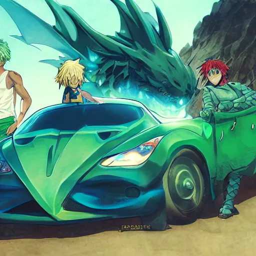 Image similar to blue knight in a green hatchback car, close up, anime, desert landscape, greg manchess, akehiko inoue and ross tran, Pyromallis Nekro Rene Margitte, Murata, one punch man manga, fight dragon