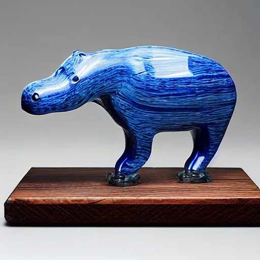 Prompt: wood, full subject shown in photo, award - winning photo, a photo of a model hippo made of repurposed elm wood composite mixed with straight lines blue epoxy resin, epoxy resin, dramatic lighting, studio zeiss 1 5 0 mm f 2. 8 hasselblad