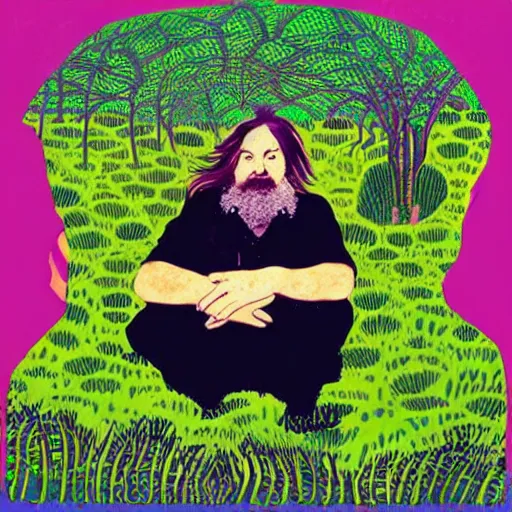 Image similar to robert wyatt sitting amongst big hairy spiders, robert wyatt album art style