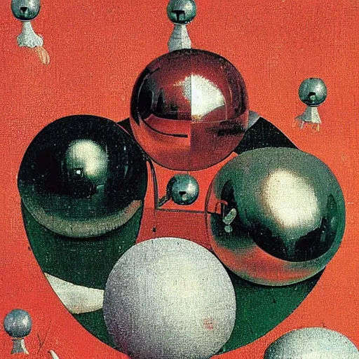 Prompt: chrome spheres on a red cube by hieronymous bosch