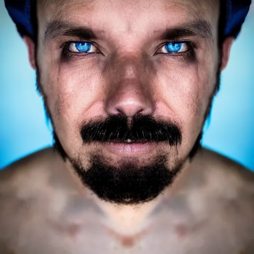 Image similar to fish eye lens close up photograph of a man with blue skin and a goatee side eyeing the camera with a sympathetic look