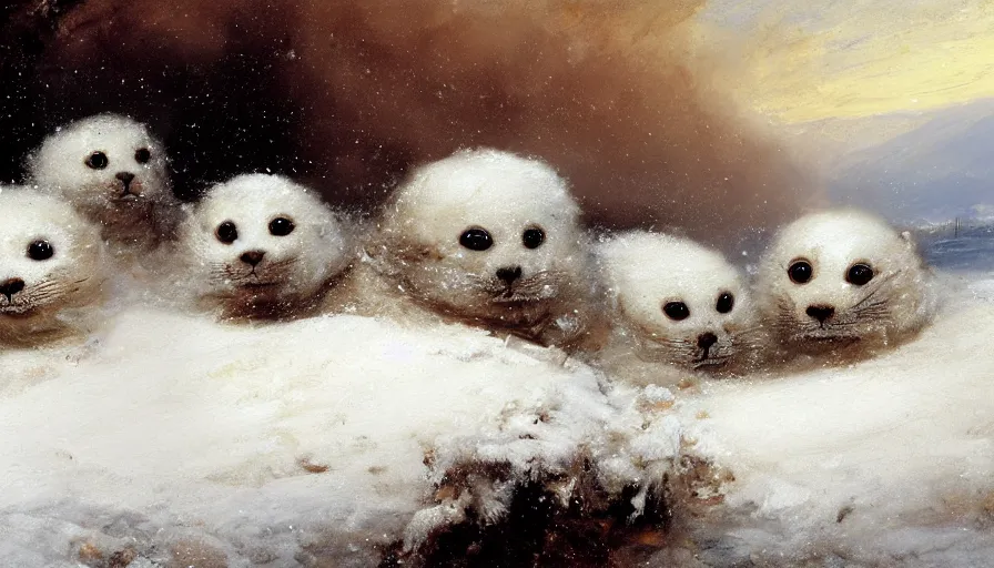 Prompt: highly detailed closeup painting of cute furry white baby seals inside a snowy playpark by william turner, by greg rutkowski, by william constable, thick brush strokes and visible paint layers, 4 k resolution