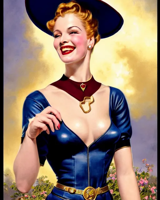 Prompt: a beautiful lady on a magic the gathering card by magali villeneuve and gil elvgren, crisp details, hyperrealism, smiling, happy, feminine facial features, stylish navy blue heels, gold chain belt, cream colored blouse, maroon hat, windblown, holding a leather purse, mtg card, mtg