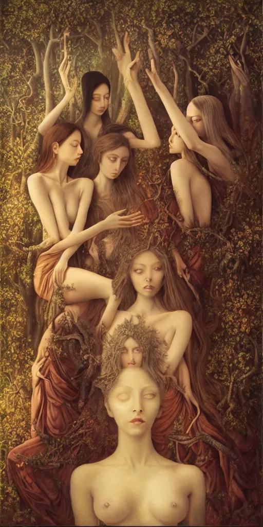 Prompt: the three fates, forest, moonlight, gemma chen, madison beer, angela sarafyan, pinup, intricate beautiful faces, surrealistic painting by agostino arrivabene, vanessa beecroft, anka zhuravleva, mary jane ansell, peter mohbacher, gerald brom