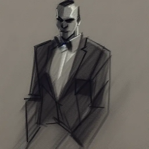 Prompt: charcoal drawing portrait of a man in suit by edward hopper and darek zabrocki and greg ruthkowski, rembrandt and raphael, simon stalenhag and cinematic and atmospheric, concept art, artstation, trending on artstation