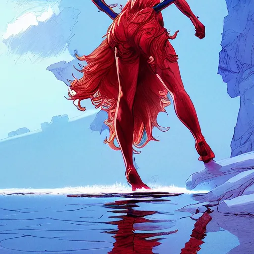 Image similar to a beautiful comic artwork by Jerome Opeña of a woman with red hair coming out of a lake at night, featured on artstation