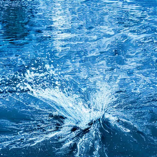 Image similar to a blue cube splashing into a turbulent lake