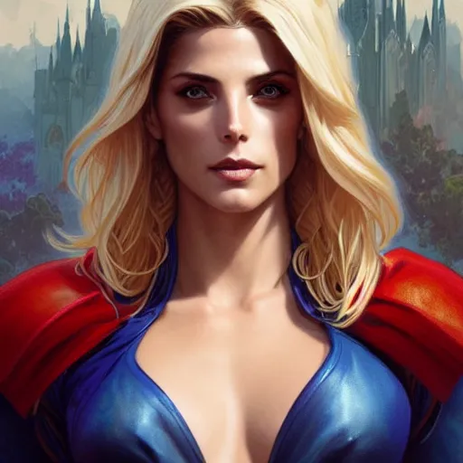 Image similar to Ashley Greene with blonde hair as Super Girl, western, D&D, fantasy, intricate, elegant, highly detailed, digital painting, artstation, concept art, matte, sharp focus, illustration, art by Artgerm and Greg Rutkowski and Alphonse Mucha