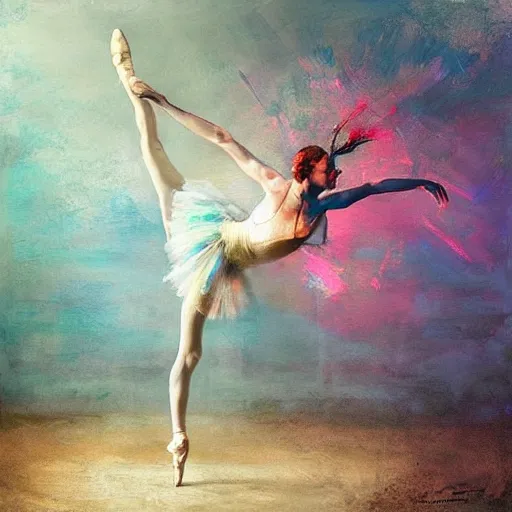 Prompt: ballet dancer movement by cy Twombly and BASTIEN LECOUFFE DEHARME, colorful, iridescent, volumetric lighting, abstract