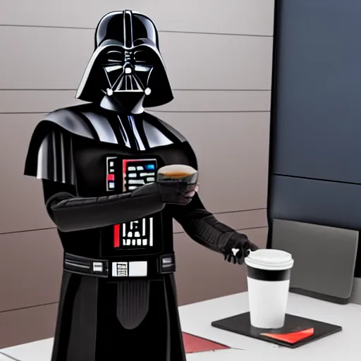 Prompt: darth vader in an office wearing a white button - up shirt and holding a cup of coffee, realistic detailed high resolution photo