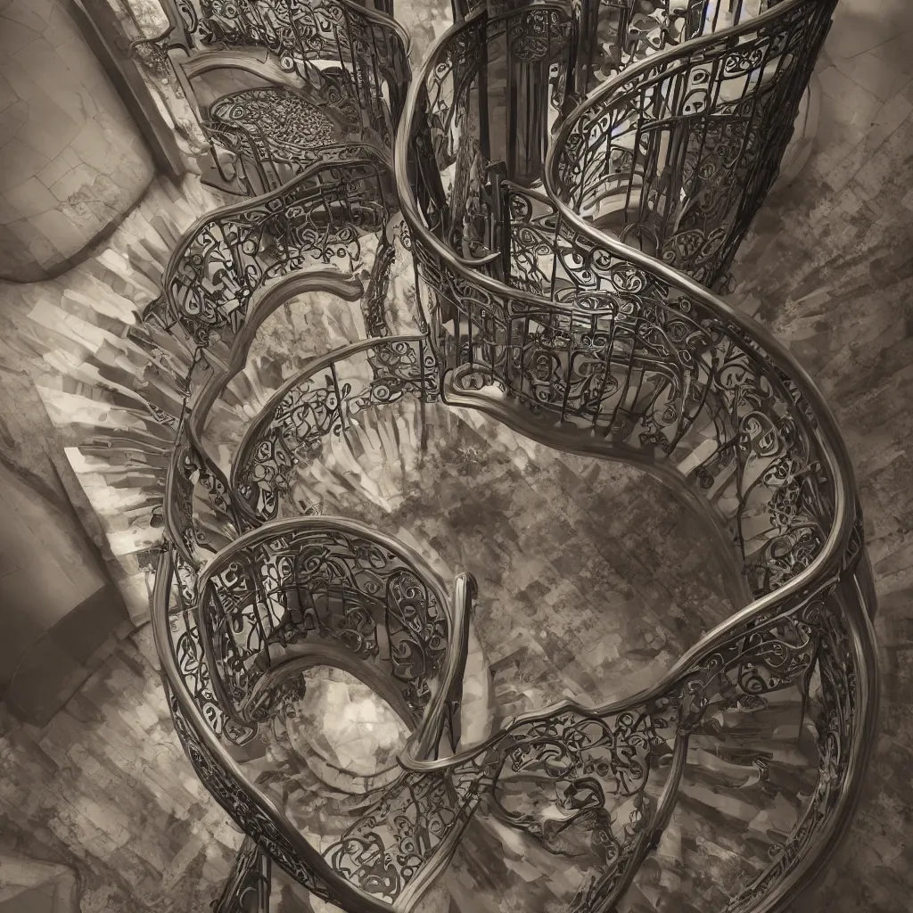 Image similar to a realistic art - nouveau spiral staircase. dark stairs. tall building, seen from the top. realistic shadows of cats. detailed, octane render, hyperrealistic, very coherent, hyper realism, high detail, octane render, 8 k