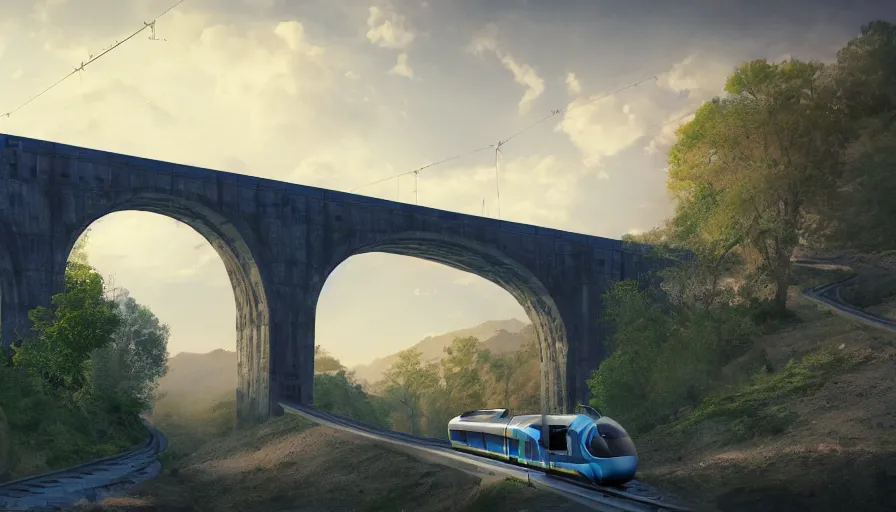 Image similar to futuristic train crossing aqueduct, green hills, matte painting, artstation, sunrise, blue sky