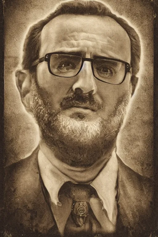 Image similar to richard garriott, portrait, full body, symmetrical features, silver iodide, 1 8 8 0 photograph, sepia tone, aged paper, sergio leone, master prime lenses, cinematic