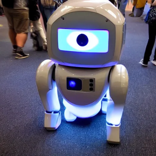 Image similar to <photo hd robot-expression='hug pls' robot-desire='hug' robot-traits='fluffy cute adorable' location='las vegas convention center'>i think this robot is following me</photo>