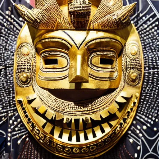 Image similar to traditional gold aztec mask with studded inlay jewels in a museum with spot lights, realistic, photography, photojournalism, national geographic photoshoot