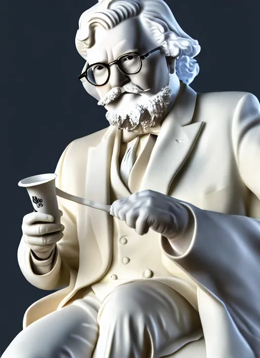 Prompt: colonel sanders with kfc bucket as marble statue by michaelangelo, realistic 3 d render, high lights, 4 k, high detailed photography cape, 5 0 mm lens, depth of field, cinematic