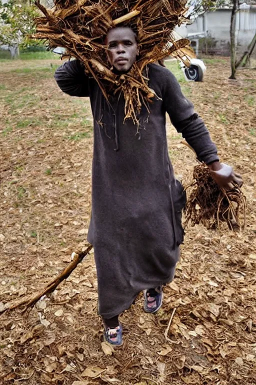 Image similar to a human - goat hybrid, carrying a bundle of sticks, wearing clothes made of leaves