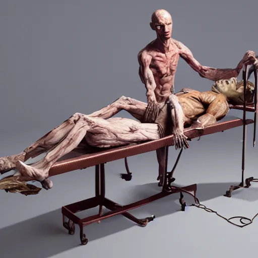 Image similar to hyperrealistic sculpture of a fossilized bronze prisoner being organ harvested on an operating table, by ron mueck and duane hanson and lee bontecou and giacometti, patina, hyperrealistic dramatic volumetric lighting octane render 8 k