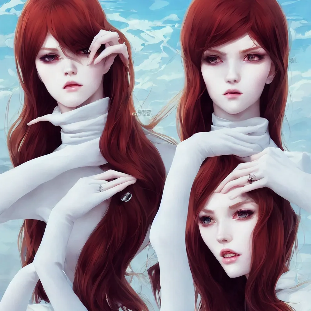 Image similar to beautiful pale vampire with auburn hair in a white turtleneck dress, on a super yacht, by guweiz and wlop and ilya kuvshinov and and moebius, artgerm, symmetrical eyes, aesthetic, gorgeous, stunning, alluring, attractive, half body portrait, artstation, deviantart, pinterest, digital art